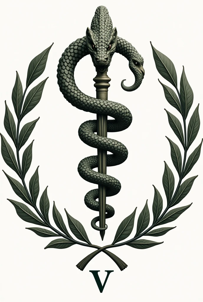 Asclepius: The serpent wrapped around a healing and medicine stick. On the coat of arms of veterinary medicine, a serpente pode aparecer em volta da letra V
Ramos de oak tree e bay leaves: These branches usually surround the main symbol., representing strength (oak tree) and victory (bay leaves).
With the letter V at the bottom.