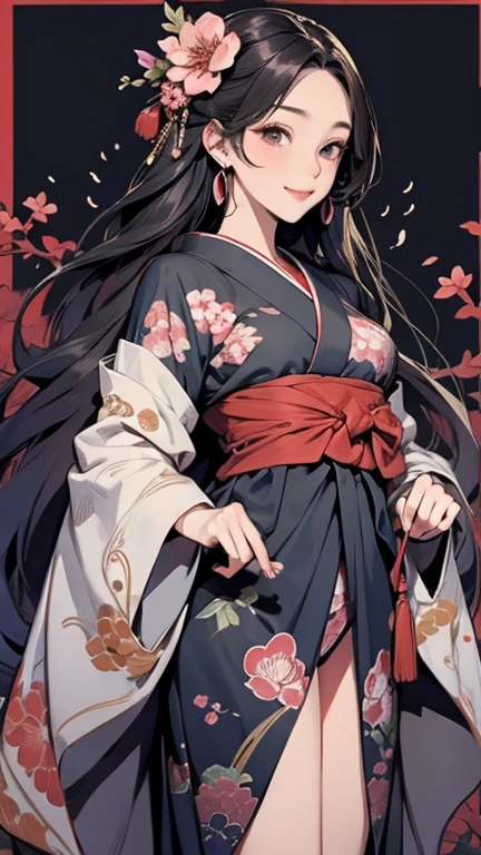 A beautiful woman smiles and shows her upper white teeth、Vividly colored Japanese Ukiyo-e style illustrations、SeaArt creates stunning illustrations of beautiful women in kimono、Brown-black long hair、Beautiful full body style、Beautiful digital illustrations、Beautiful and innovative digital paintings, Bright vibrant anime art, Detailed digital anime art,  Beautiful anime portraits