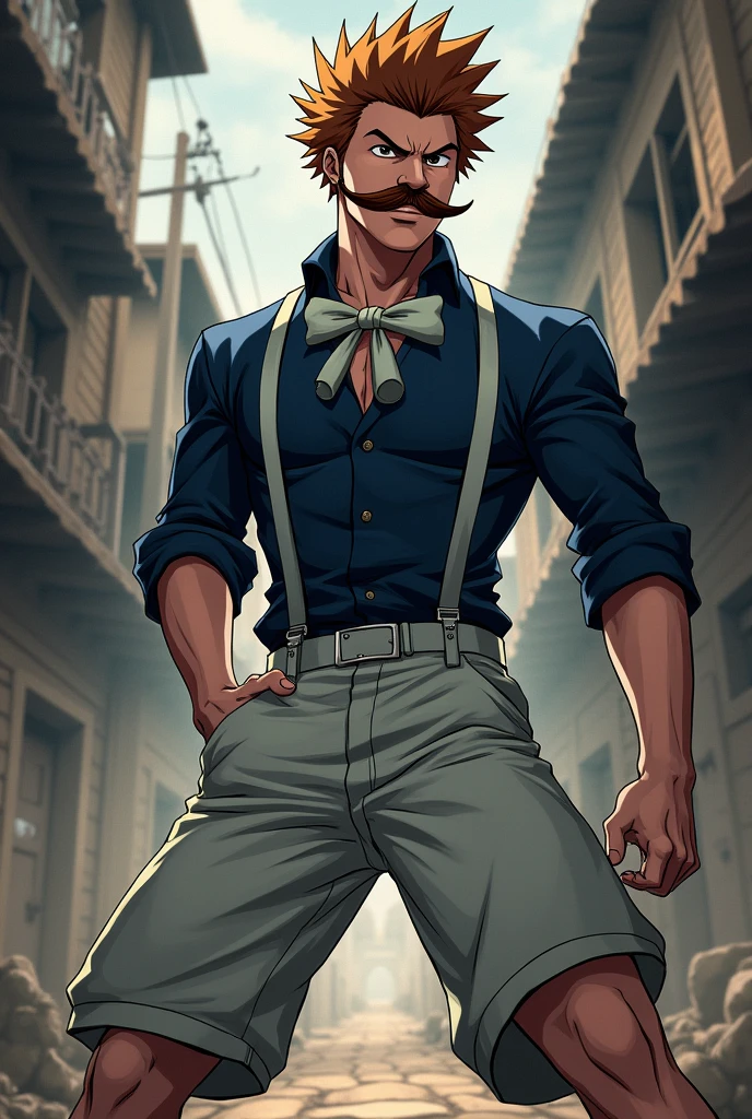 Create an illustration in the exact art style of 'Bleach: Thousand-Year Blood War,' depicting a human bandit named Jalin Habey. He is a white man with almond-shaped eyes, a thick brown mustache, and spiky brown hair. He wears a light gray bow tie, a dark blue shirt with the sleeves rolled up, light gray suspenders, light gray shorts, and dark blue shoes.