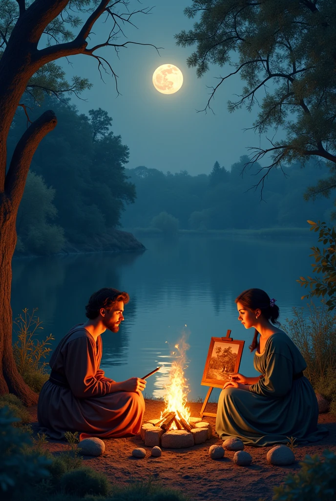 The full moon now illuminates the lake and the garden. A man and a woman are sitting around a makeshift campfire, one is painting. medieval era