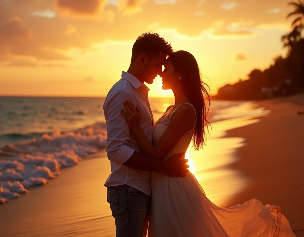 An idea for a passionate love image could be a couple in an intense embrace., at sunset, on a secluded beach. They are facing the sea, with the waves gently breaking on the golden sands. The sun is setting on the horizon, tinting the sky in warm shades of orange, pink and gold, Creating a romantic atmosphere. The couple is so close that their foreheads touch, eyes closed, as if they were losing themselves in the moment. They appear to be enveloped in an aura of golden light, symbolizing the intensity and depth of the love they feel for each other.
If you need, I can generate an image based on this description.
