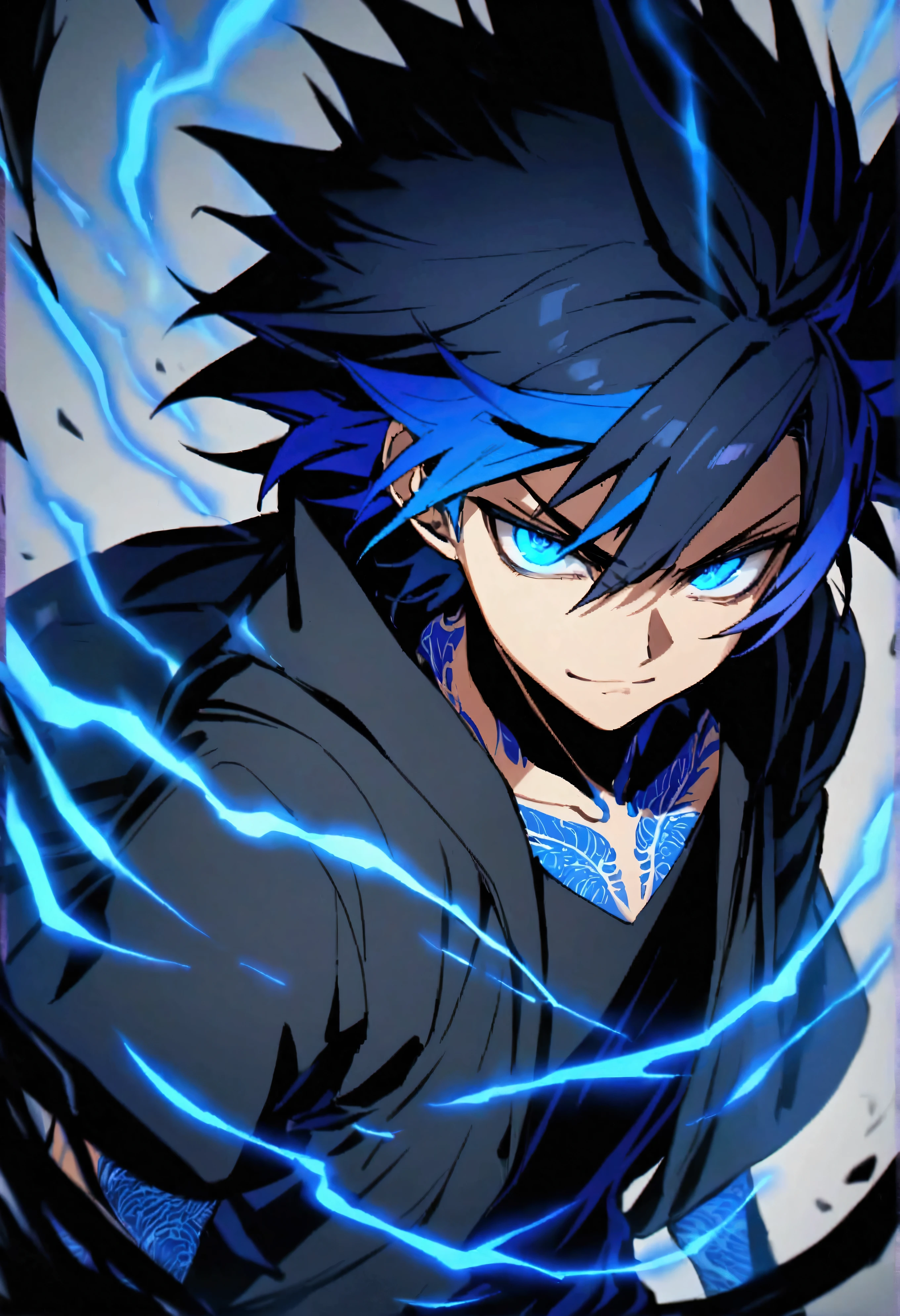 teenage boy, spiky hair, medium length hair, multicolored black and blue hair, blue colored eyes, serious face, simple smile, black jersey, loose dark blue short-sleeved overcoat, blue tattoos on the body, electric aura, 