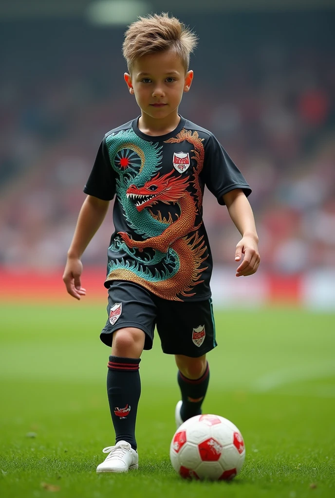 Micro soccer uniform that includes the colors black, white and grey and the design has dragons that look really cool and that are colorful with the colors that I told you