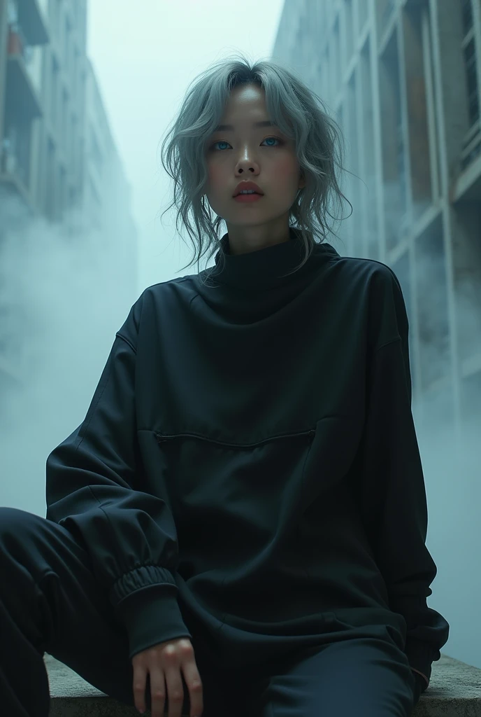 nsfw, masterpiece, Best Quality, hyper Realistic, A mysterious and sophisticated beautiful young gravure Japanese woman with blue eyes wears futuristic and sexy fashion art. sitting focus legs,, from below, Detailed clothing, woman is climbing at a wide angle, with her full body in frame. large Butt, sexy large breasts, slim waist, Her outfit includes BLACK over sized breasts Length sweat, nothing shorts, adding a minimalist beauty. She accessorizes with futuristic accessories and wears technical sneakers. Her demeanor exudes harmony and striking simplicity, The wear hugs her body tightly, accentuating her curves and digging sensuously into her skin, hyper small head and face, wide and big Duck mouth, half open mouth, perfectly aligned teeth, perfect beautiful wide teeth, Detailed eyes, light blue eyes, half open eyes, shiny Droopy eyes, gray hair, looking other, She is situated within the interior of a futuristic colony, with mist drifting and steam rising from concrete