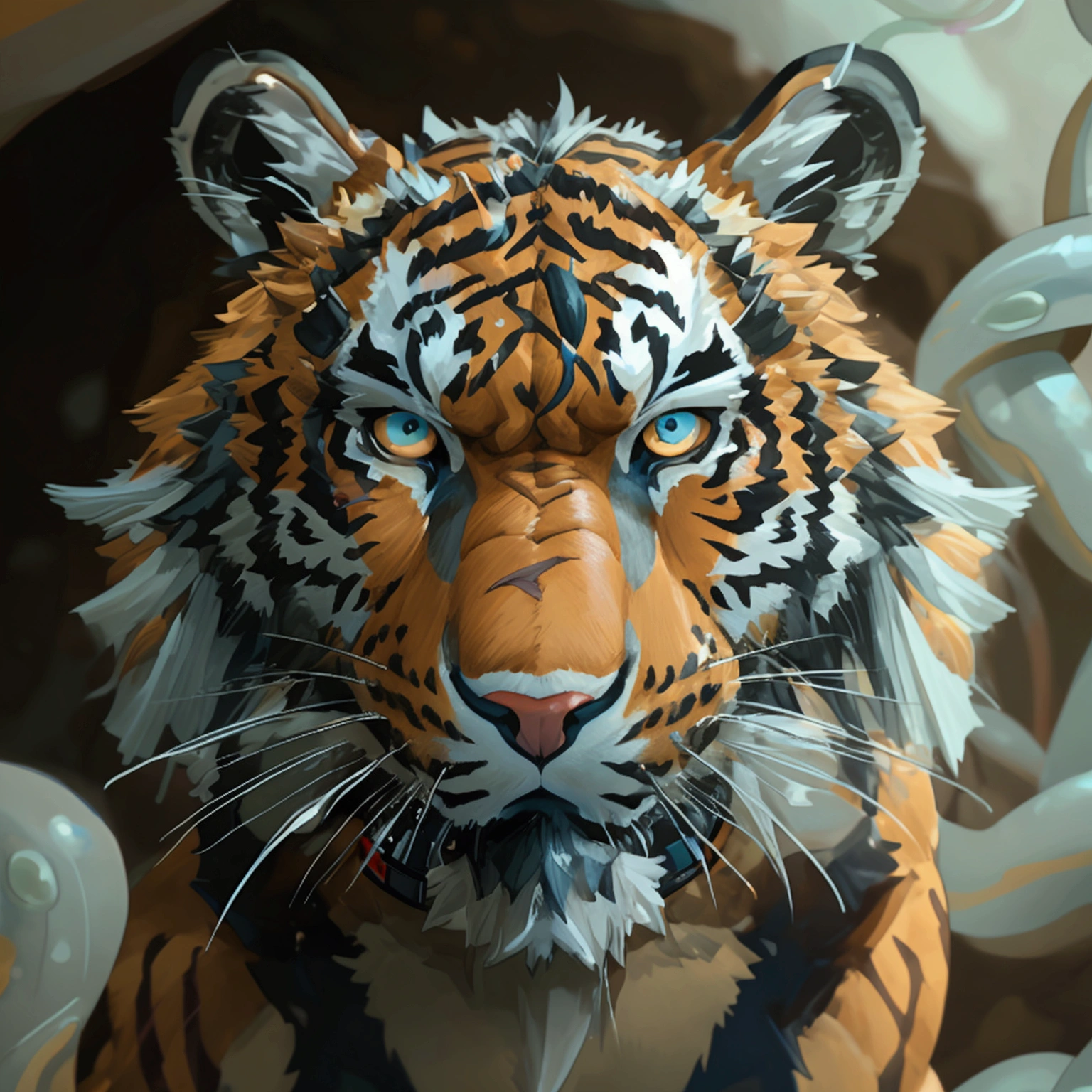 Scribble tiger face,(Humanoid Tiger:1.2),(Topless:1.3),Chubby,(Black eyebrows:1.1),(Perfect eyes),Golden fur,Black pattern,Black short hair,(In the dark cave,Cave:1.2),(White fun underwear:1.3),paw,(black beard:1.3),(collar:1.3),(Raised:1.3),(手捏着nipple:1.3),(Tentacles深入White fun underwear:1.4),(Tentacles:1.3),covered in wounds,(There is a scar on the left eye:1.3),Front view,middle aged,Strong,A face full of fear,nipple环钉,Milk secretion,How,(No collar),nipple,(嘴里有How:1.4),Open your mouth,16K
