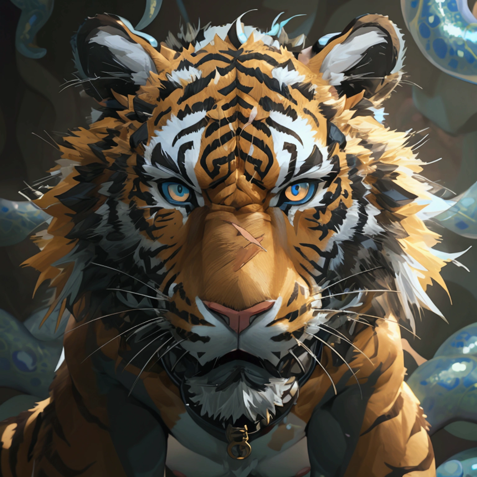 Scribble tiger face,(Humanoid Tiger:1.2),(Topless:1.3),Chubby,(Black eyebrows:1.1),(Perfect eyes),Golden fur,Black pattern,Black short hair,(In the dark cave,Cave:1.2),(White fun underwear:1.3),paw,(black beard:1.3),(collar:1.3),(Raised:1.3),(手捏着nipple:1.3),(Tentacles深入White fun underwear:1.4),(Tentacles:1.3),covered in wounds,(There is a scar on the left eye:1.3),Front view,middle aged,Strong,A face full of fear,nipple环钉,Milk secretion,How,(No collar),nipple,(嘴里有How:1.4),Open your mouth,16K