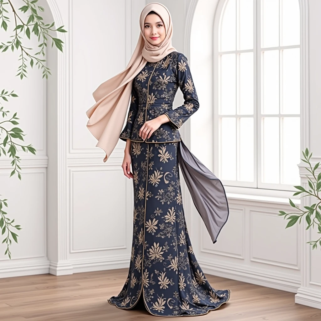 A beautiful muslimah girl wears baju kurung.She also wears a hijab