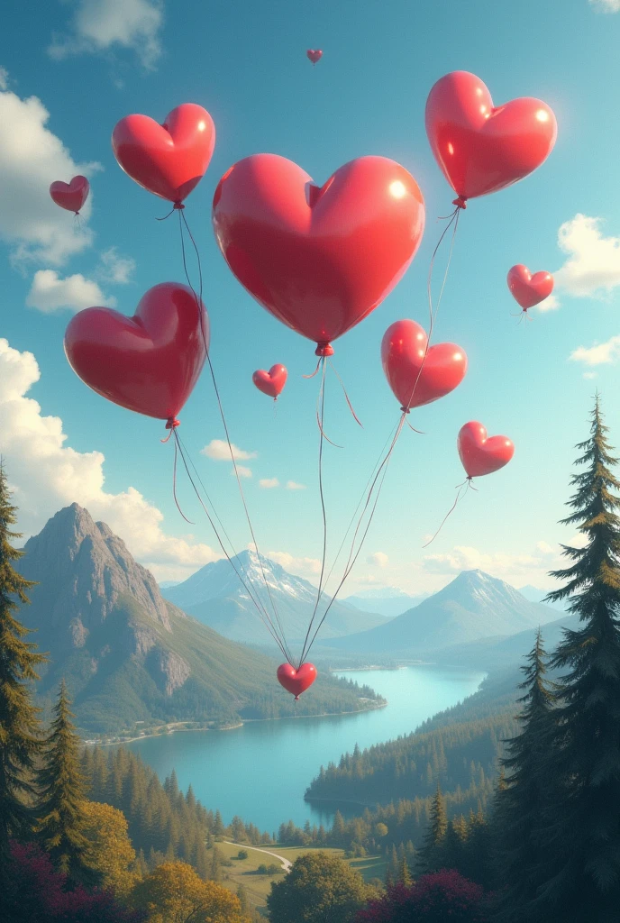 Hearts in the shape of balloons in a Bariloche landscape that says at the bottom August 24, 2024