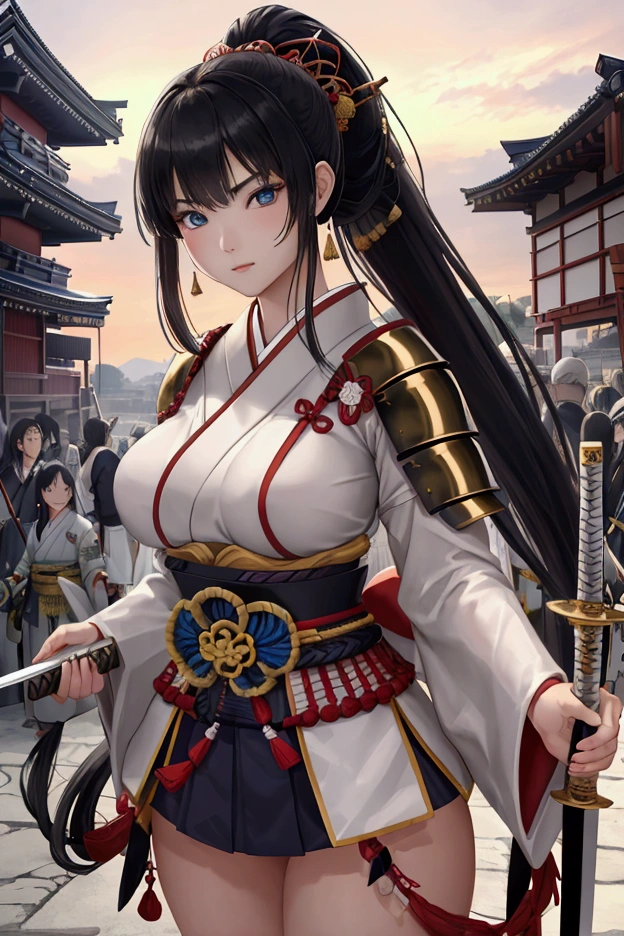 (Japanese women)、(Warrior Princess)、(Goddess of War)、(Black Hair)、(ponytail)、(Old Japanese Armor)、((Holding the Japan sword))、(True to prompts)、(Deluxe)、(Glaring with sharp eyes)、(unrealistic, Oversized breasts),(Outdoor)、(ruins)、((Large crowd))、(sunny)、(blue sky)、(Best lighting)、{{{Browsing Caution}}}、{{{masterpiece}}}, {{{Highest quality}}}, {{ultra-detailed}}, {{shape}}, {{{Very delicate and beautiful}}},{{extremely detailed CG}}、{{unity 8k portrait}}、{{Fabric Shading}}、{{super detailed skin}}、{{Perfect Anatomy}}、{{detailed}}、{{Dynamic Lighting}}、{{{beautiful detailed eyes}}}、{{{beautiful detailed Face}}}、(Perfect Legs)、(Perfect breasts)、(Perfect pose)、(Perfect body)