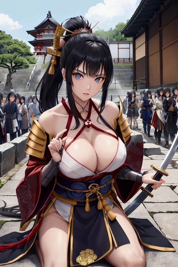 (Japanese women)、(Warrior Princess)、(Goddess of War)、(Black Hair)、(ponytail)、(Old Japanese Armor)、((Holding the Japan sword))、(True to prompts)、(Deluxe)、(Glaring with sharp eyes)、(unrealistic, Oversized breasts),(Outdoor)、(ruins)、((Large crowd))、(sunny)、(blue sky)、(Best lighting)、{{{Browsing Caution}}}、{{{masterpiece}}}, {{{Highest quality}}}, {{ultra-detailed}}, {{shape}}, {{{Very delicate and beautiful}}},{{extremely detailed CG}}、{{unity 8k portrait}}、{{Fabric Shading}}、{{super detailed skin}}、{{Perfect Anatomy}}、{{detailed}}、{{Dynamic Lighting}}、{{{beautiful detailed eyes}}}、{{{beautiful detailed Face}}}、(Perfect Legs)、(Perfect breasts)、(Perfect pose)、(Perfect body)