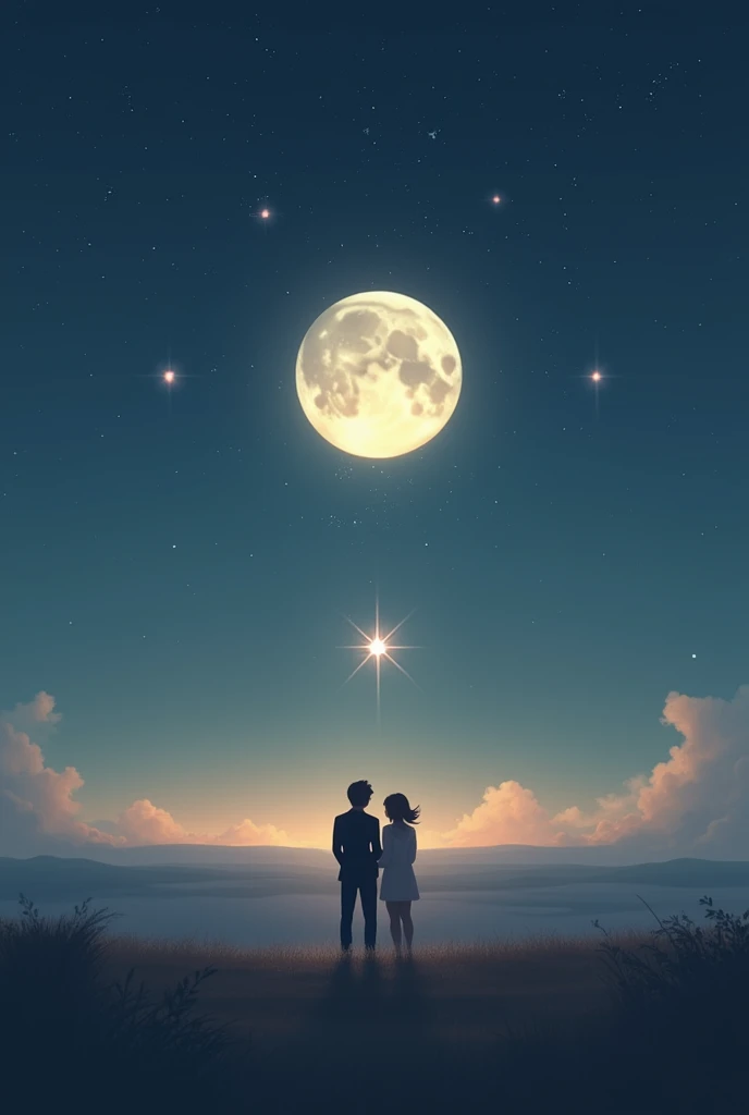 Make a drawing that represents this poem., but without people Under the Moon and the Star The moon hung from your neck,
and my star shone at his side,
Although now nostalgia intoxicates me,
I still love you under the same sky.