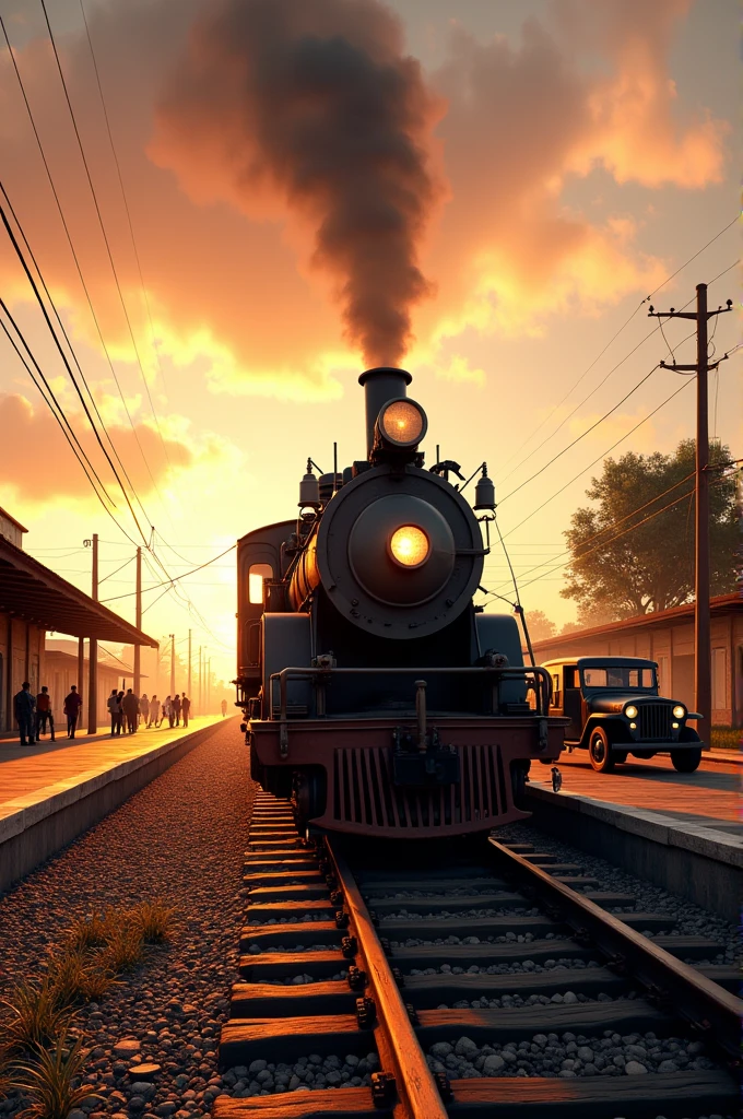 A vintage steam locomotive, probably from the early 20th century, stands on the platform of an old train station in Sobral, Ceará, Brazil. The station is bathed in the warm glow of late afternoon sunlight, casting long shadows across the platform. A few people are gathered on the platform, perhaps waiting for the train to depart. An old Jeep is parked nearby, adding to the nostalgic atmosphere. The sky is painted in shades of orange and pink, creating a beautiful backdrop for the scene.