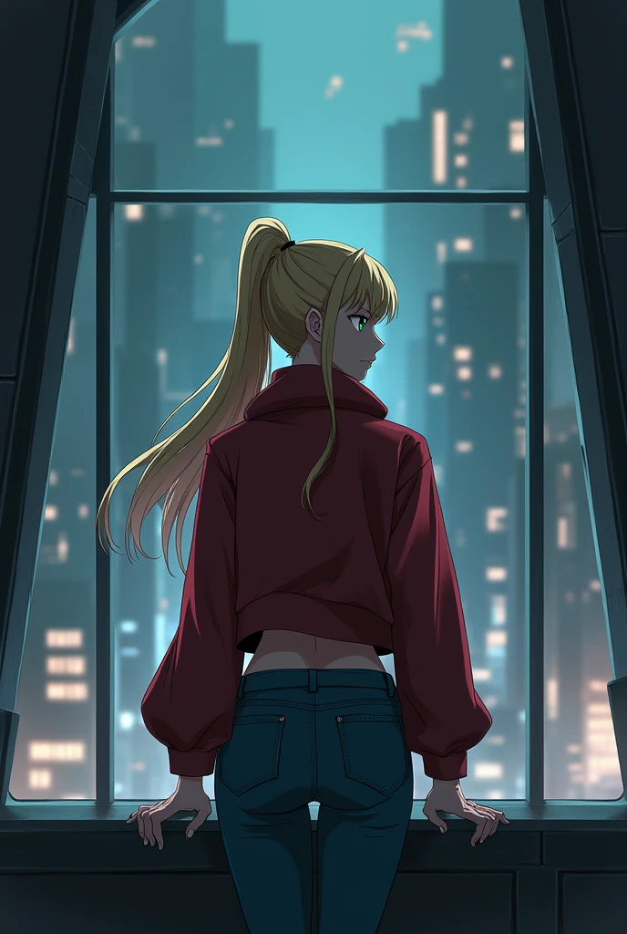 The image is anime style with shadows and dim lights, anime style although somewhat adult and dark, It shows a woman standing looking at a glass wall where the futuristic night city can be seen behind her.. The girl is blonde and has a ponytail hairstyle, She has green eyes and is very beautiful, His face, However, it's serious. He looks about 2. He wears a red jacket and jeans., has strong legs