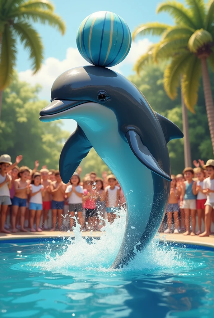 Dolphin jumping with a ball.  From a pool.  Outside people applauding