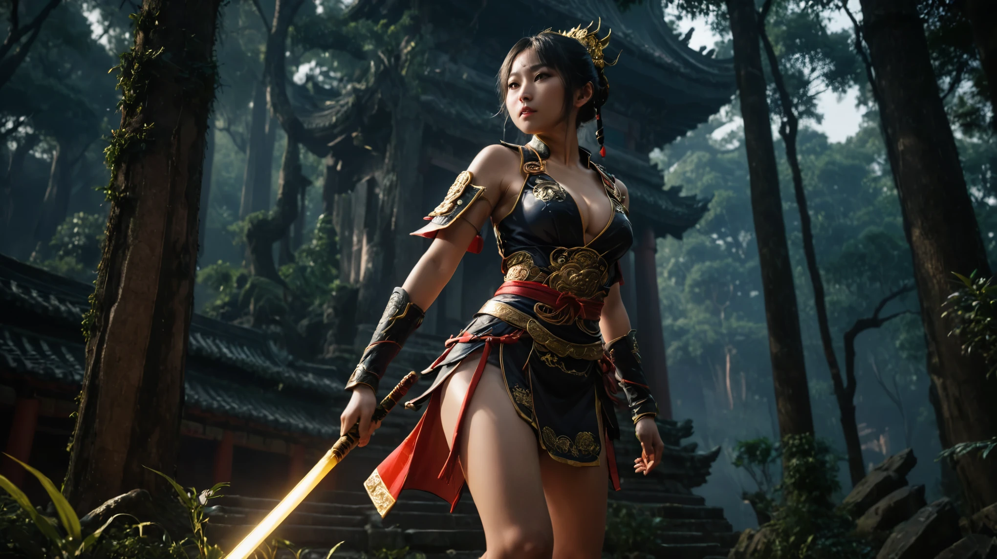 An ancient Chinese temple ruin in a forest, inspired by the game Black Myth Wu Kong, (low angle view), at dark night. (1girl, solo, alone), female Sun Wu Kong cosplayer, medium-breast slim:0.6 body, oval:0.4 face, cleavage:1.1, Wu Kong's costume and outfits, (slightly leaning forward running pose), half-body thigh level medium shot, cinematic lighting, ray tracing.