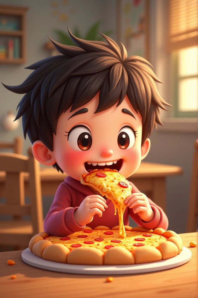 Create an image a kid eating pizza on the table 