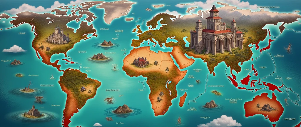 Make me a map of new fantasy RPG countries, each continent with its own particularities..