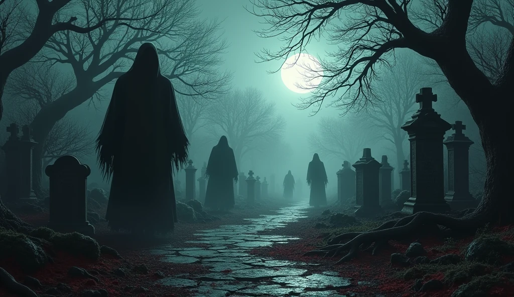 cemetery halloween horror haunted house scene, A little bit of red a little bit of black