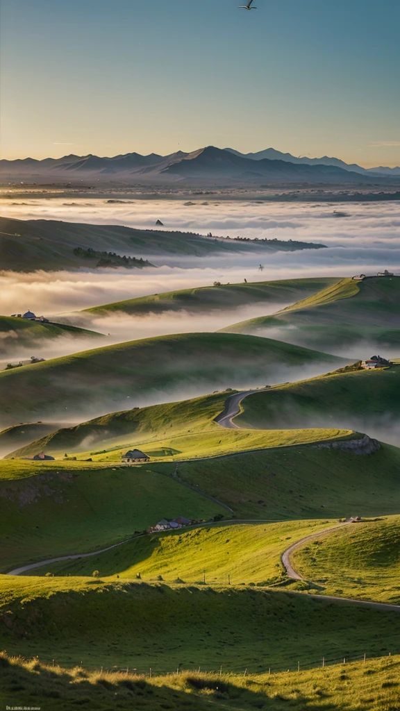 Best quality, masterpiece, super high resolution, (realism: 1.4), oil painting style, film lighting, endless grassland dotted with a few homes, I stood on the empty asphalt road and looked at it, the fairy mountains were foggy, and the cranes were flying