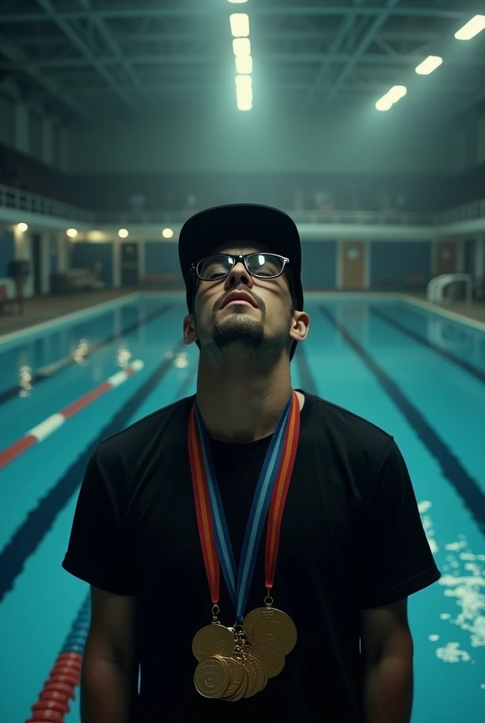 A YouTube thumbnail with a cinematic atmosphere of a man wearing glasses, crying for help, wearing a black hat and black shirt. He has a necklace with twenty Olympic medals. He is standing in front of an indoor pool. The background includes the pool with clear water, reflecting the gloomy atmosphere. The overall image has dark, soft lighting, highlighting the man's facial features. The “Joel Jota” text is subtly integrated into the scene, ensuring that it does not divert visual focus from the man and the pool.