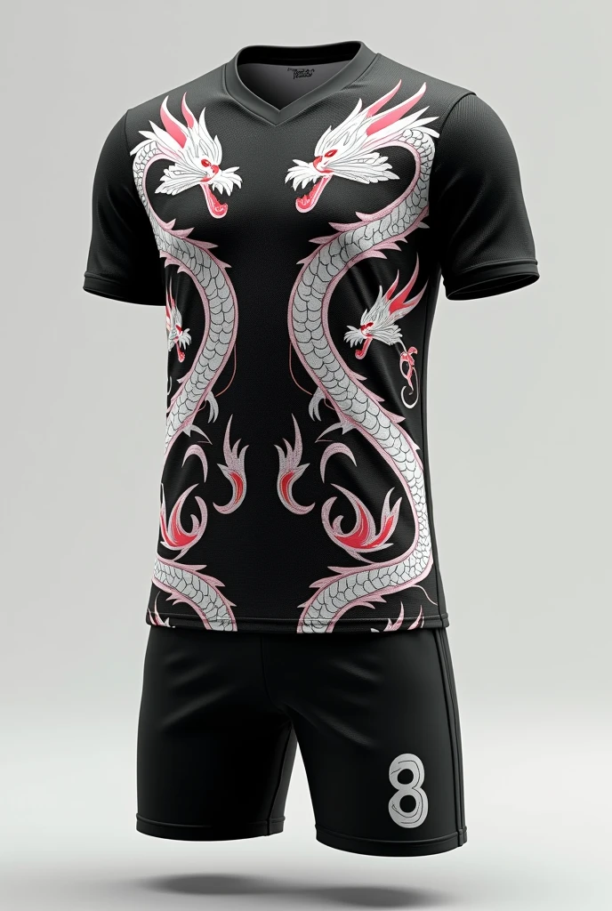 Micro soccer uniform that includes the colors black, white and grey and the design has dragons that look really cool and are colorful with the white colors, black and gray