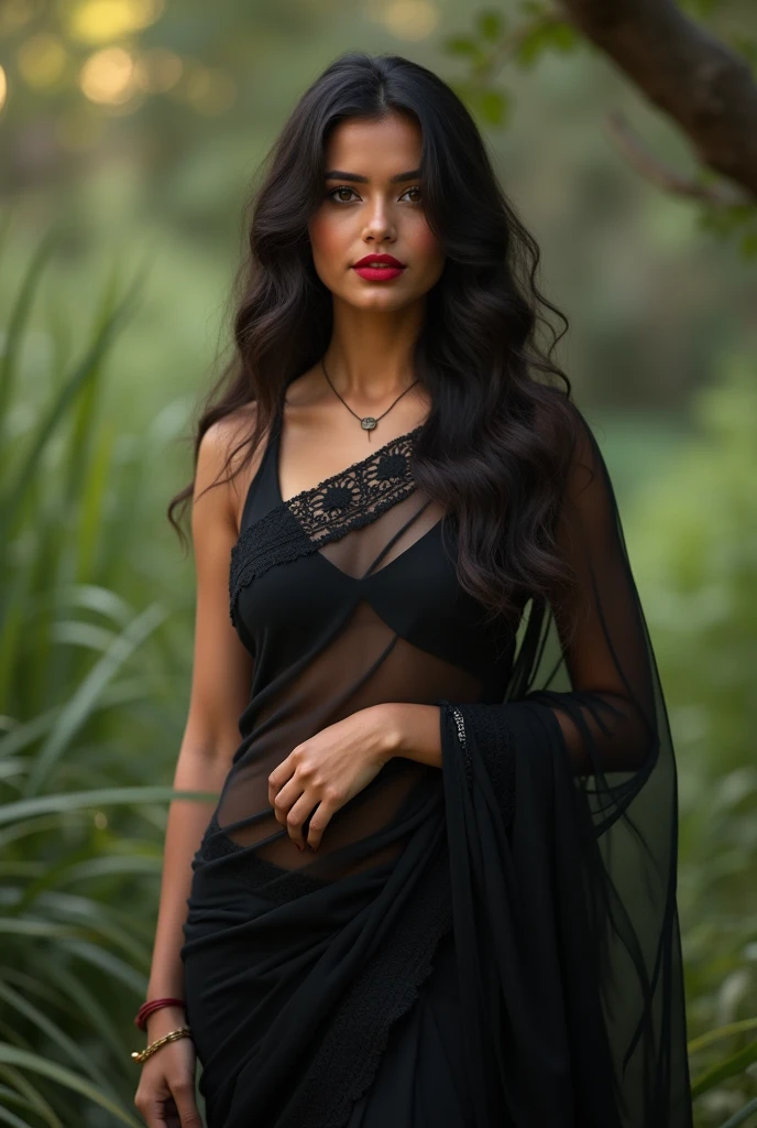 A very charming Indian young 80 kg girl in black transparent saree, navel, red lipstick, realistic, real