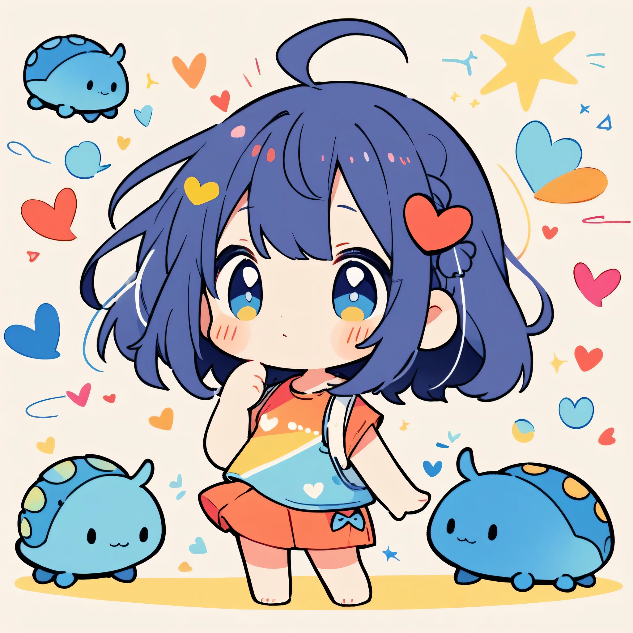 Makoto Shinkai colorful style, Simple Line Initialism，Abstract art，Kawaii Design, The most beautiful girl of all time、chibi, (((Cute pillbugs))), colorful hearts, summer version