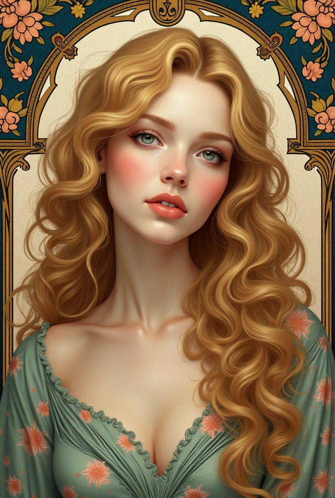 European woman's face portrait, long curly hair, blonde, flower frame, decorative panel, abstract art, by Alphonse Mucha (masterpiece, highest quality, high resolution: 1.4), detailed, intricate details, 4K, color splash, line art, Fibonacci, in underwear