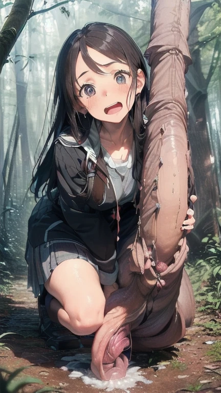 (must be follow these prompts:2.2),masterpiece,best quality,extremely detailed,(in her clothing:2.5),(adorable expression:2.6),(usual face:2.6),(pretty face:2.4),(normal body structures:2.6),(realistic:3),(displayed one girl on single picture:2.6),(A cute Japanese female college student who is a member of an exploration club at a university in Japan.:2.3),(The college student is exploring the forest in his exploring clothes.:2.2),(In this forest, tentacles are swarming, pulsating violently, waiting to ejaculate into her vagina.:1.9),(The female university student looks cute in her exploration clothes.:2.1),(The college student was dressed in an expedition suit and was exploring the forest when she was targeted by a tentacle that forced a very large genital organ into her beautiful vagina.:1.6),(The huge reproductive organ that was thrust into the vagina of the female college student continues to ejaculate repeatedly.:1.7),(The semen ejaculated from the tentacles remains in the female college student's uterus and continues to be ejaculated repeatedly.:1.6),(The female college student has a very pretty face and is .:2.2),(The tentacle's genitals pulsate violently after crawling up the female college student's inner thighs and penetrating deep into her vagina.:1.7),(The female college student is short but has a slightly plump body.:1.7),(The female college student's expedition clothing is made of durable fabric that will never tear.:3.3),(Her breasts are completely hidden under her clothes:1.9),(she looks like a ta:2.0),(These were all things that happened to the female college student herself, and no one else.:3.5),(Make sure to depict the face:5.3),(Calm expression:4.3),(Innocent face:3),(The film depicts just one female college student.:3.3),(Only the female college student appears.:4.2),(Portrait Style:5)
