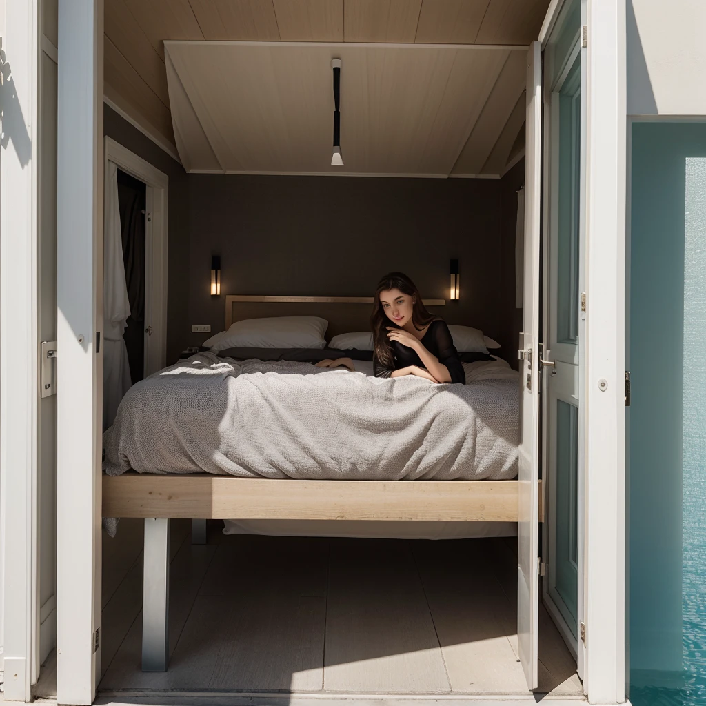 une influenceuse virtuelle, posant dans un cadre luxueux, tel qu'une villa moderne au bord de la mer Méditerranée. Elle porte une robe de créateur en soie rouge vif, qui met en valeur sa silhouette parfaite. Ses longs cheveux bruns ondulent légèrement dans la brise marine. Ses yeux brillent d'une confiance naturelle tandis qu'elle sourit doucement à la caméra. Autour d'elle, l'élégance de l'architecture moderne et la sérénité de l'océan créent un contraste saisissant avec son style glamour. L'image dégage une ambiance de sophistication et de succès, parfaitement adaptée pour des collaborations haut de gamme.