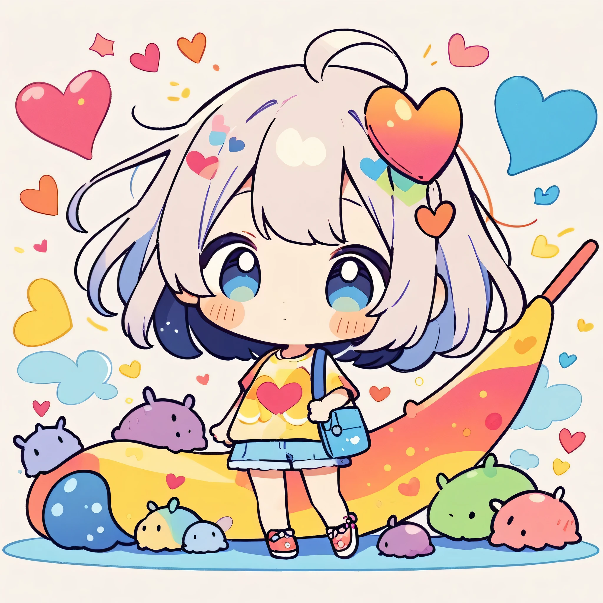 Makoto Shinkai colorful style, Simple Line Initialism,Abstract art,Kawaii Design, The most beautiful girl of all time、chibi, (((Cute pillbugs))), colorful hearts, summer version