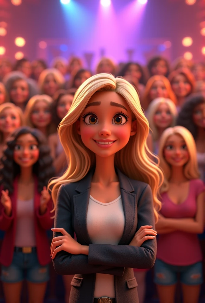 a Disney Pixar style 3D movie poster in high quality with the text "Hello ladies!" Like a happy blonde woman with long hair, blazer, T-shirts and arms crossed. In the background with many very happy women as a show or theatrical performance