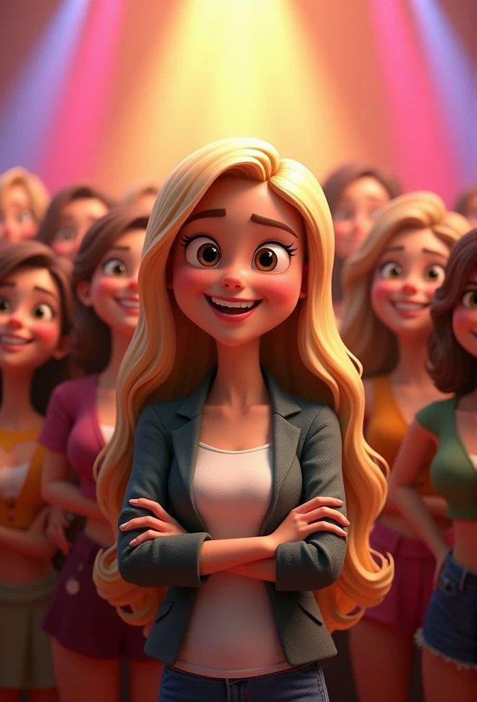 a Disney Pixar style 3D movie poster in high quality with the text "Hello ladies!" Like a happy blonde woman with long hair, blazer, T-shirts and arms crossed. In the background with many very happy women as a show or theatrical performance