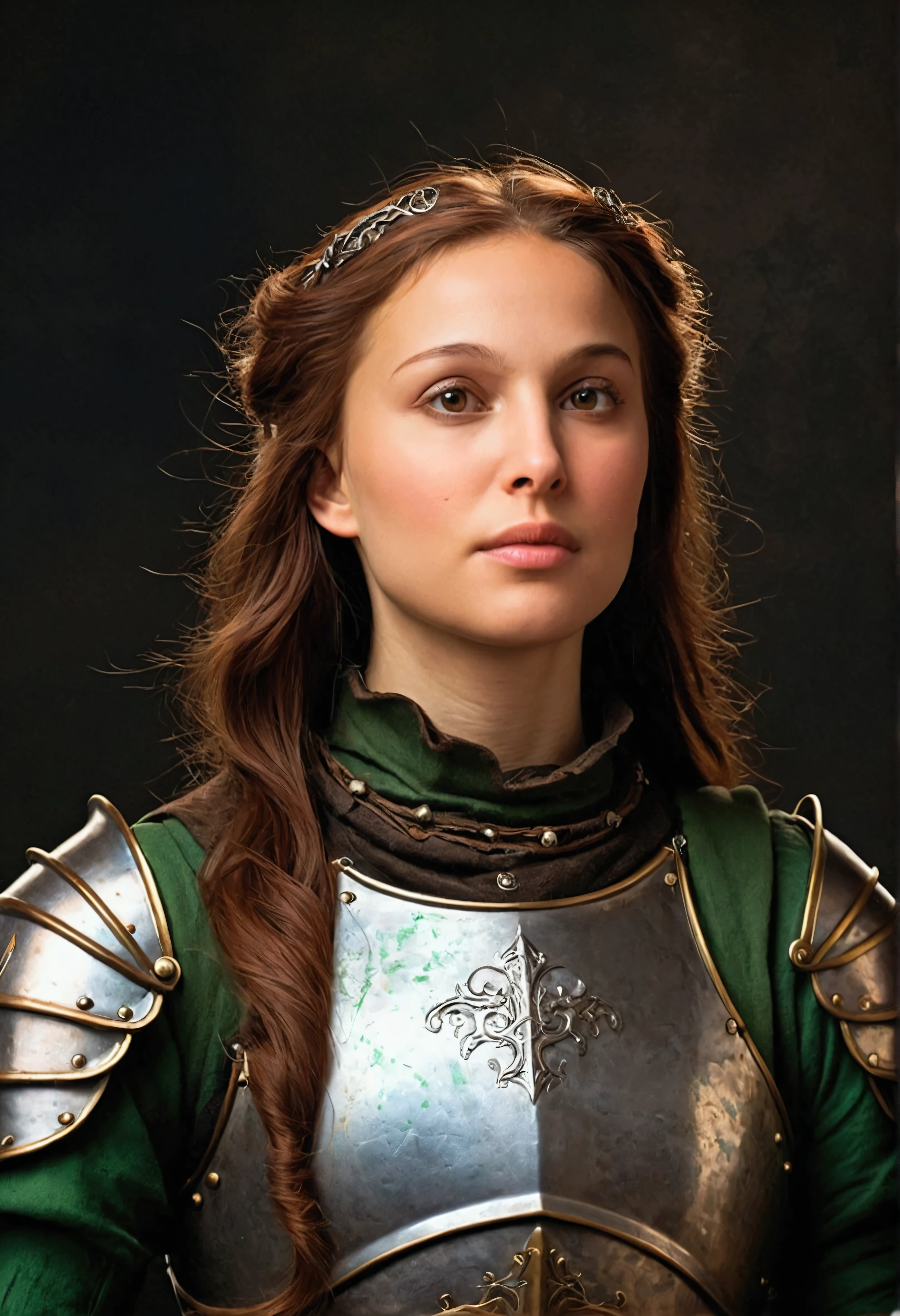 Woman in medieval armor, Armor without helmet, rusty silver armor along with green colors, photography studio, The best quality in the best conditions, High resolution，((Like the photo))、((high quality))、((8Ｋ)) ，(masterpiece:1.2), (of the highest quality:1.2), masterpiece, sharp details, natural look, detailed skin, imperfect skin, beauty marks, (blemish:0.8), 8k, highly detailed, dark background background, direct light to the face, Image 3:4, head shot, looking at carmara, 
