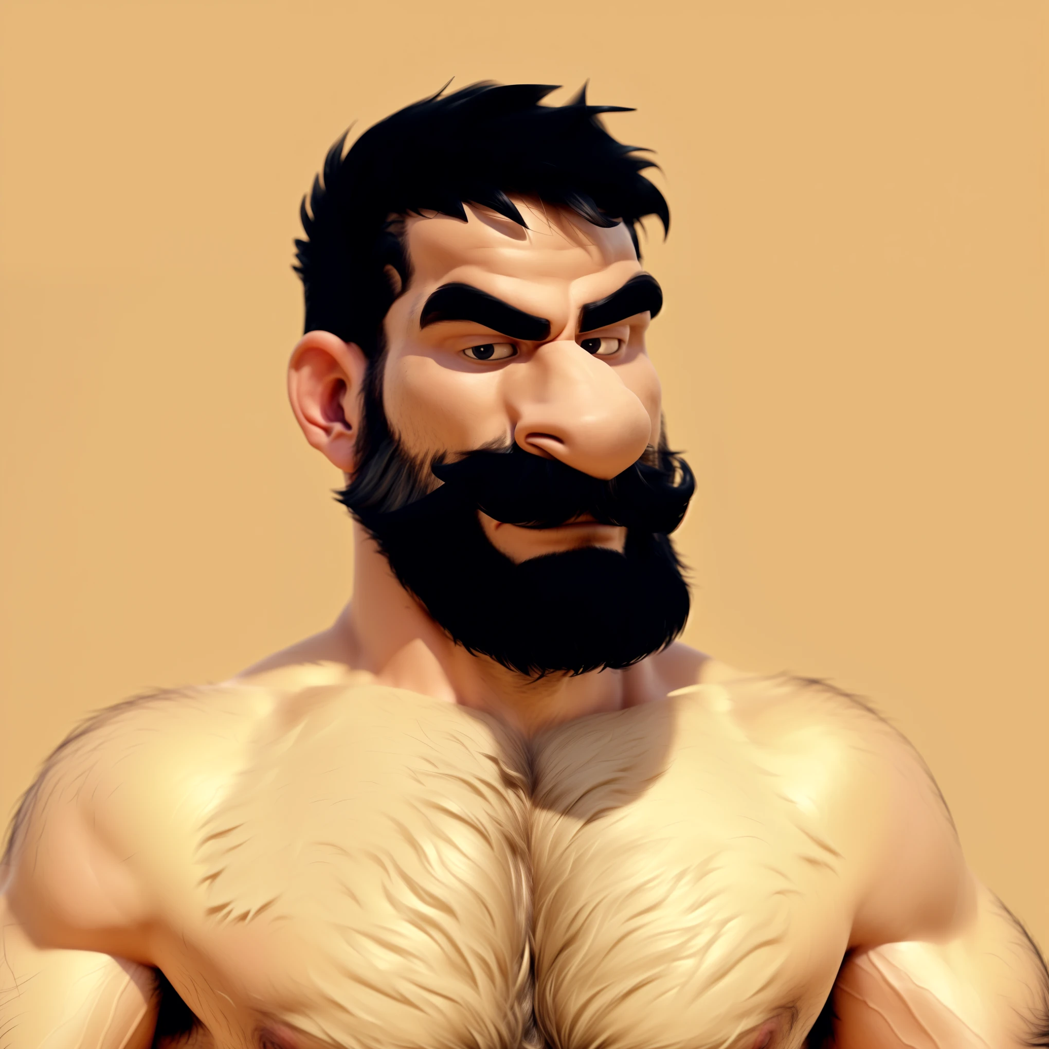 a close up of a man with a beard and a mustache,(((4k, hi res, Ray tracing))), muscular character, cartoon digital painting, ,shirtless, 1boy, (((Highly detailed hair))), thick beard highly detailed, bushy moustache,(((Mustache,body hair, armpit, nude, thick chest hair,))),((human, big nose))