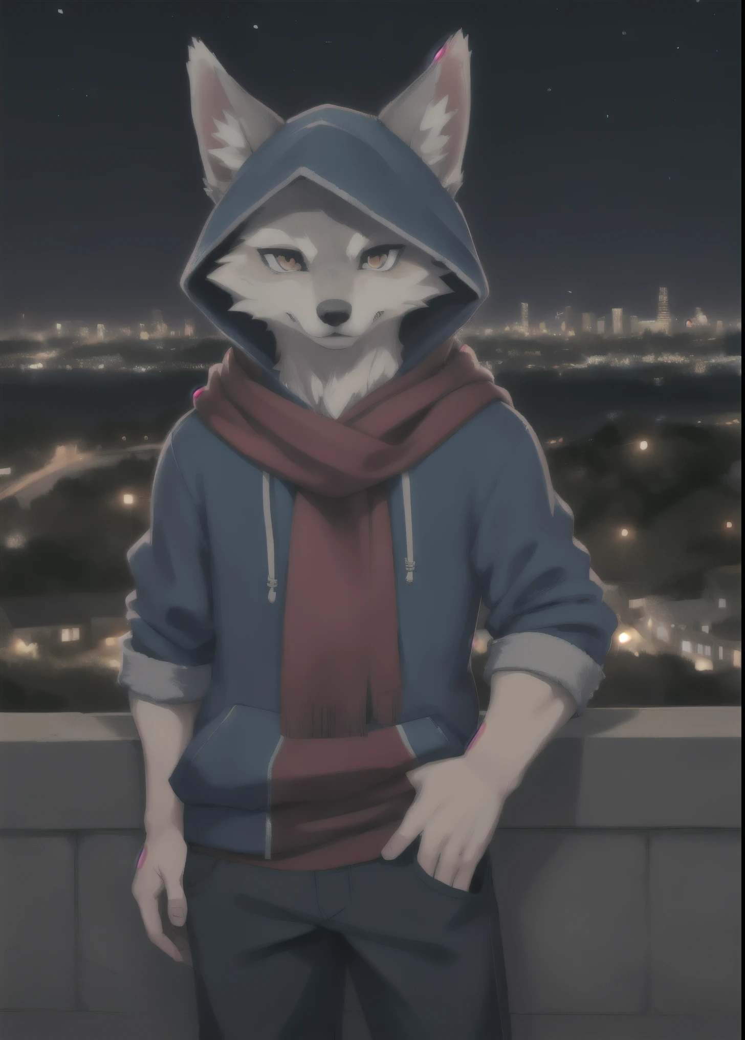 a complete body, Anthropomorphic wolf boy wearing a blue hoodie, pants and a red scarf around the neck, beautiful face , posing for a photo on a hill at night with a city in the distance