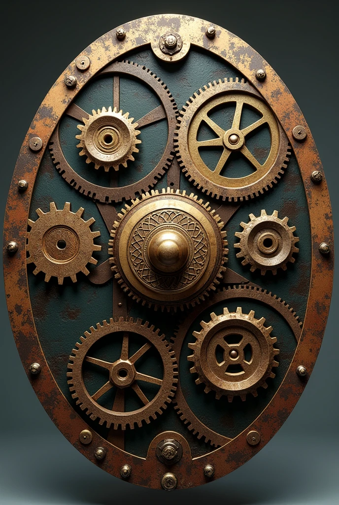 A shield made of gears to d&d, that can be converted into a workbench