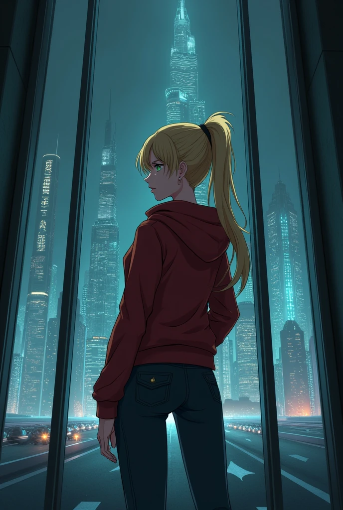 The image is anime style with shadows and dim lights, anime style although somewhat adult and dark, It shows a woman standing looking at a glass wall where the futuristic night city can be seen behind her.. The girl is blonde and has a ponytail hairstyle, She has green eyes and is very beautiful, His face, However, it&#39;s serious. He looks about 2. He wears a red jacket and jeans., has strong legs