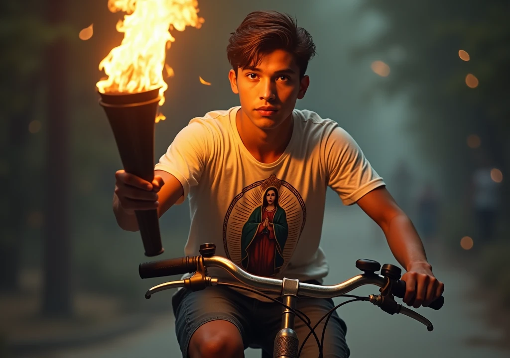 Image of a young man on a bicycle with a torch in his hand wearing a Virgin Mary T-shirt