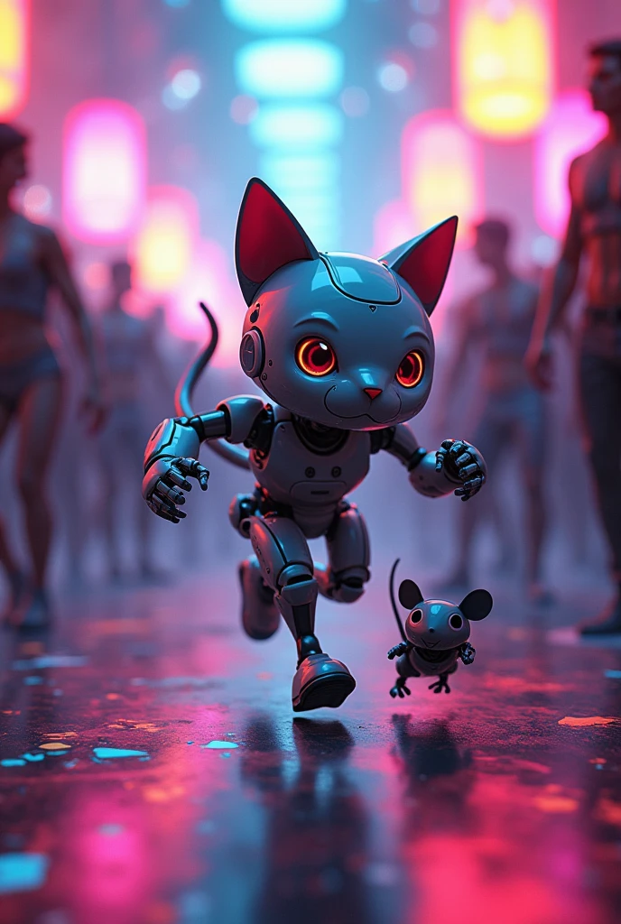 Robot cat chasing robot mouse at a rave party