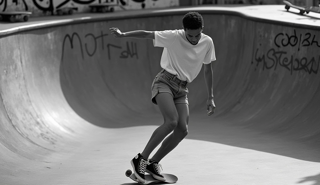 Capture a black and white photograph that encapsulates the raw energy of a 1950s skateboarding scene. In the foreground, a skilled skater performs a trick or maneuver, showcasing their agility and balance. The skater wears vintage-style clothing: high-waisted shorts, a simple t-shirt or sleeveless top, and classic leather or canvas sneakers. Their expression reflects concentration and thrill, with motion captured in the dynamic posture of the trick.The background features a worn concrete skate park or an urban environment with rough textures and aged graffiti. The setting includes vintage skateboards with wooden decks and metal trucks, adding authenticity to the scene. Use a DSLR or mirrorless camera with a 50mm f/1.8 lens, set the aperture to f/2.8, the shutter speed to 1/500s, and the ISO to 400 to clearly capture the skater’s movement and the gritty details of the environment.