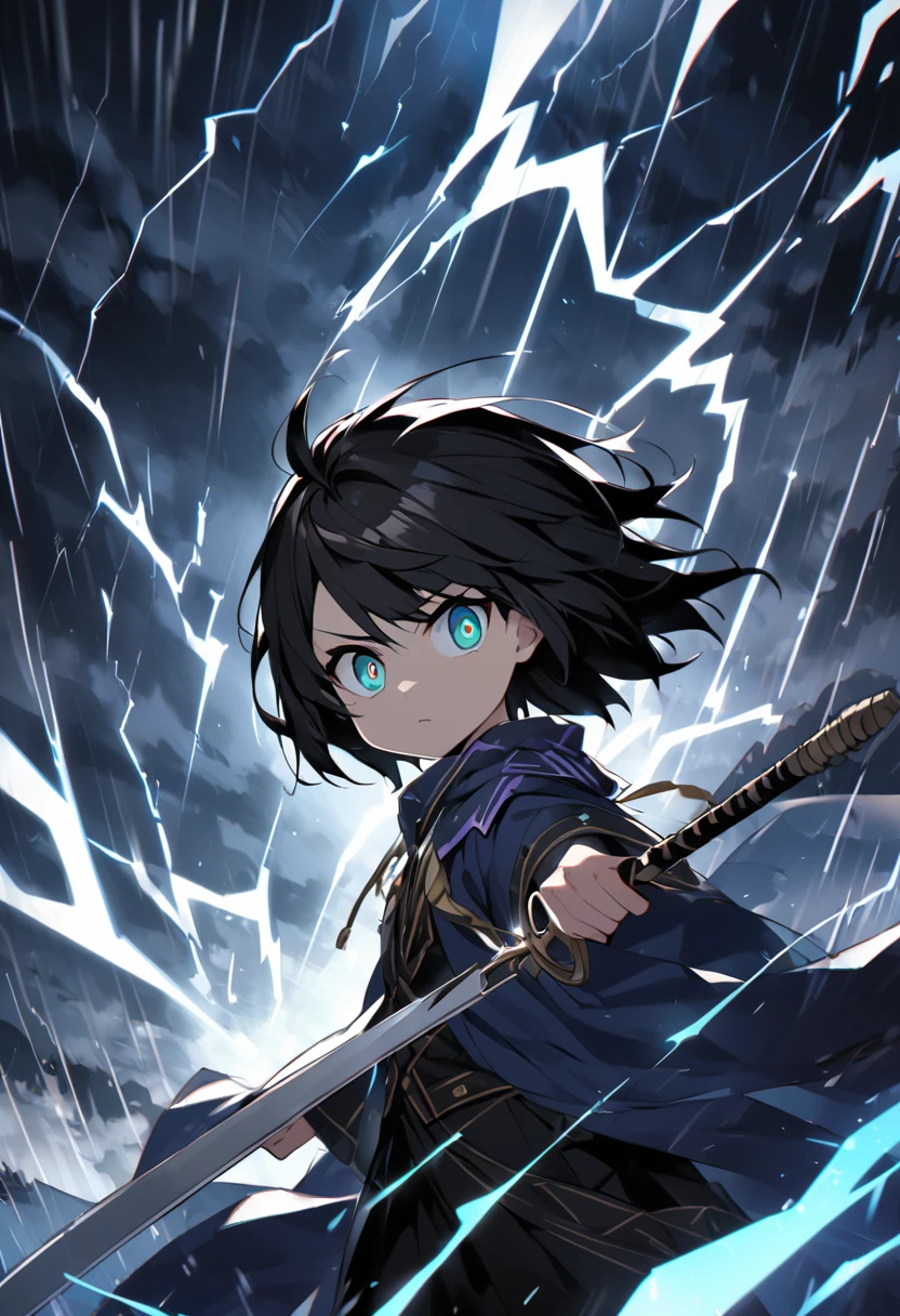  a lightning wizard, sword in right hand, Bblack hair, ray eyes, in a storm 
