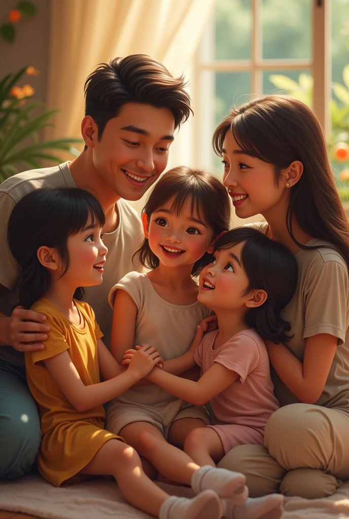 3 girls with 2 adults with 1 lady and 1 gentleman