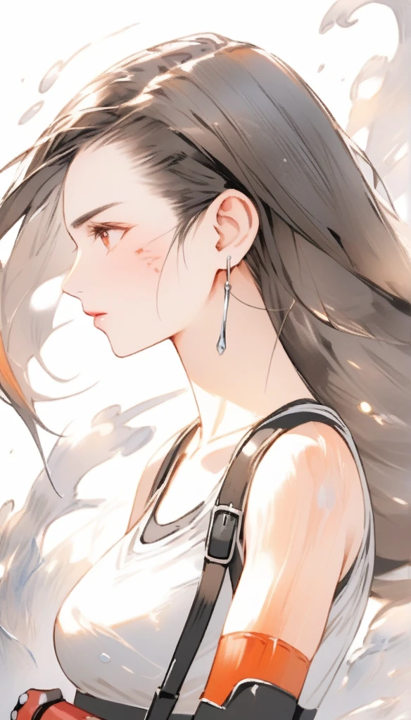Highest quality,Artistic,Water painting(1.5),solo, One Woman, Tifa Lockhart,Fantasy,profile, Simple Background, painful,