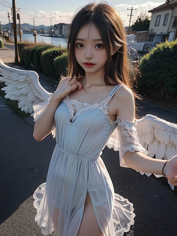 There is a woman dressed in an angelic costume, full - body majestic angel, emma watson as an angel, angel themed, taylor swift as a heavenly angel, angel themed, of an beautiful angel girl, tall female angel, young wan angel, angel girl, wearing angel, angelicales, beautiful angel, Girl with angel wings