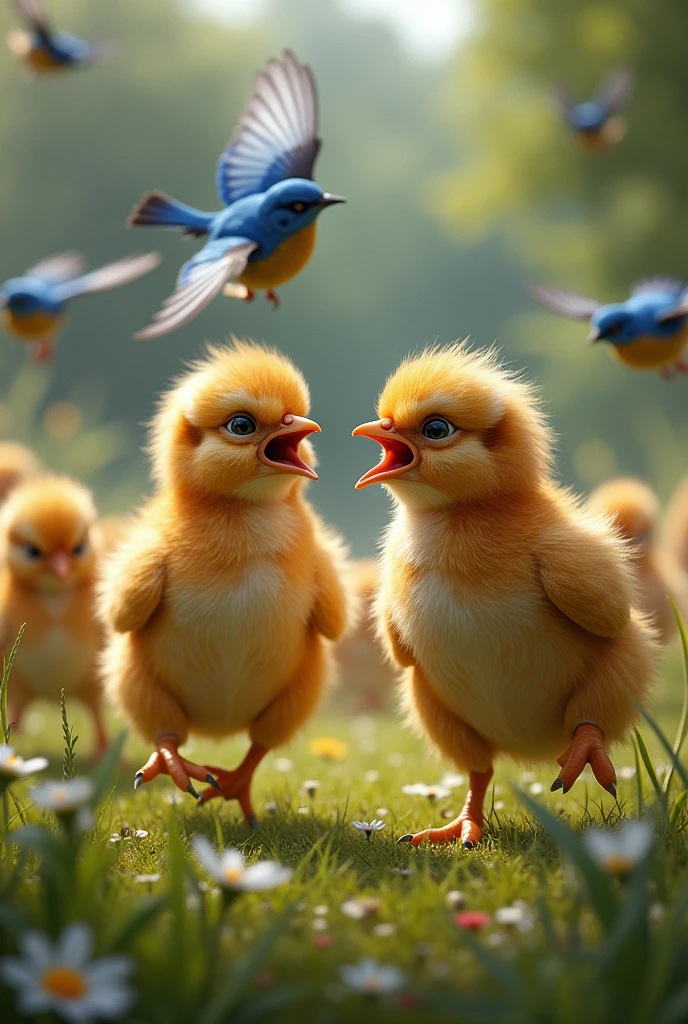Angry chicks making the bluebirds run away