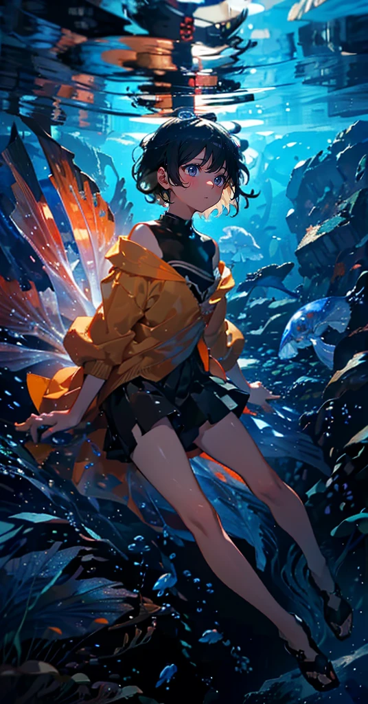 (The pieces fly), (Highest quality), Very detailed, (1 person:1.4), Solo full body shot, Perfect Face, beautiful girl, Very detailed顔，(Black short hair:1.5)，(blue eyes:1.4)，(float:1.4)，(Underwater:1.4)，(float:1.3)，seabed，Fish school，Light，jellyfish，Seaweed，Red fish，Yellow fish，deep sea，Fantasy