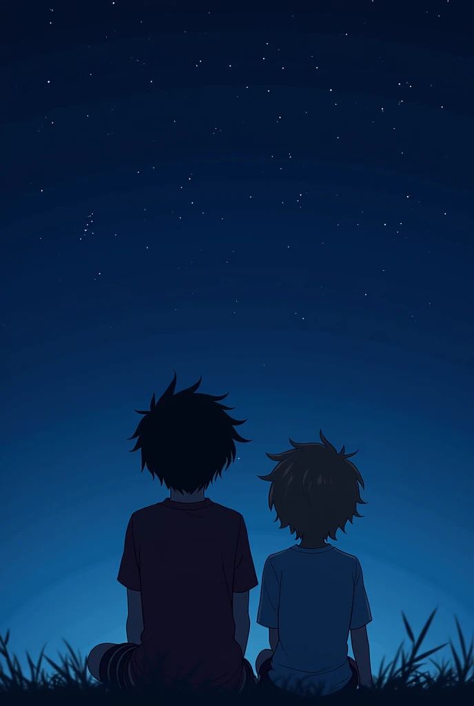 Two teenage boys, one with black hair and the other with brown hair, that the background is midnight blue, both with their backs turned sitting looking at the dark sky, that the black-haired boy is a little bit taller. 
that the image is in a4 format, make the image more realistic 