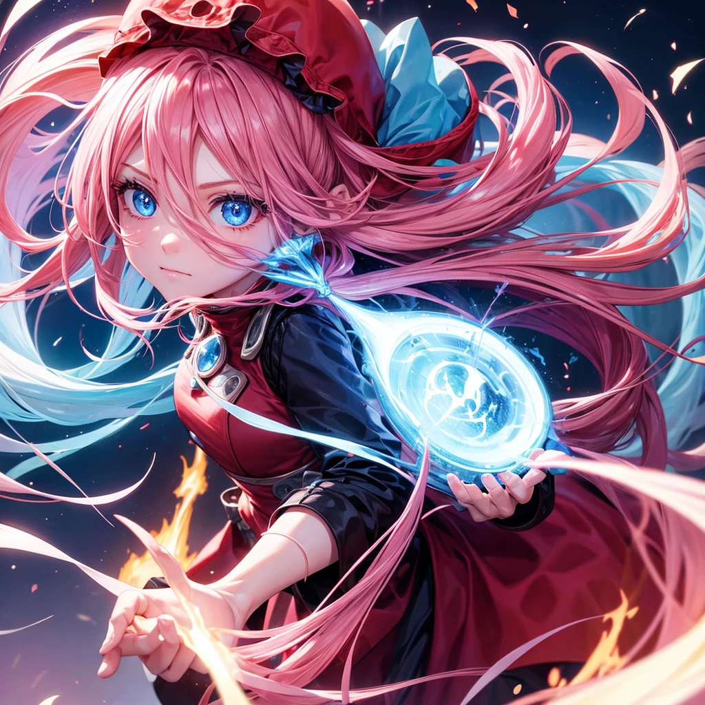 Girl with long pink hair and blue eyes. With fire powers holding it in her hands.