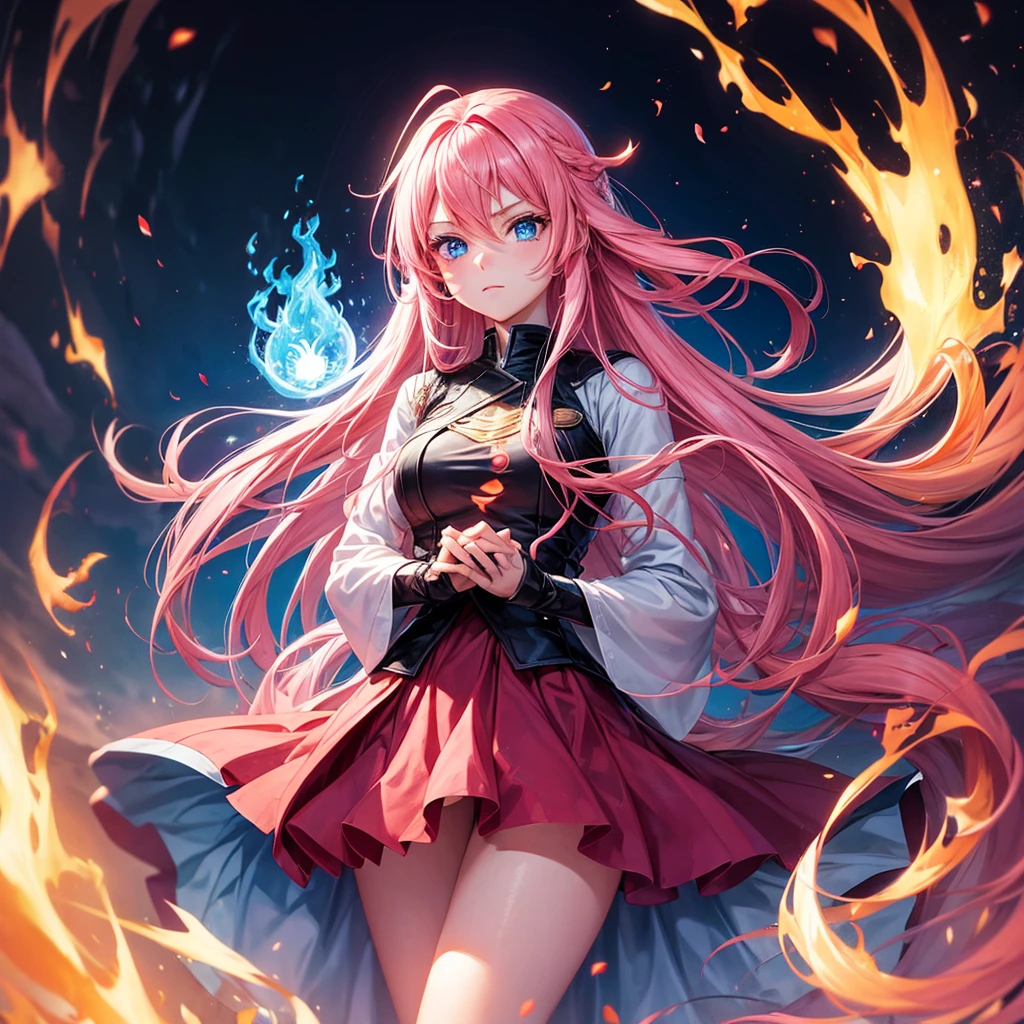 Girl with long pink hair and blue eyes. With fire powers holding it in her hands.